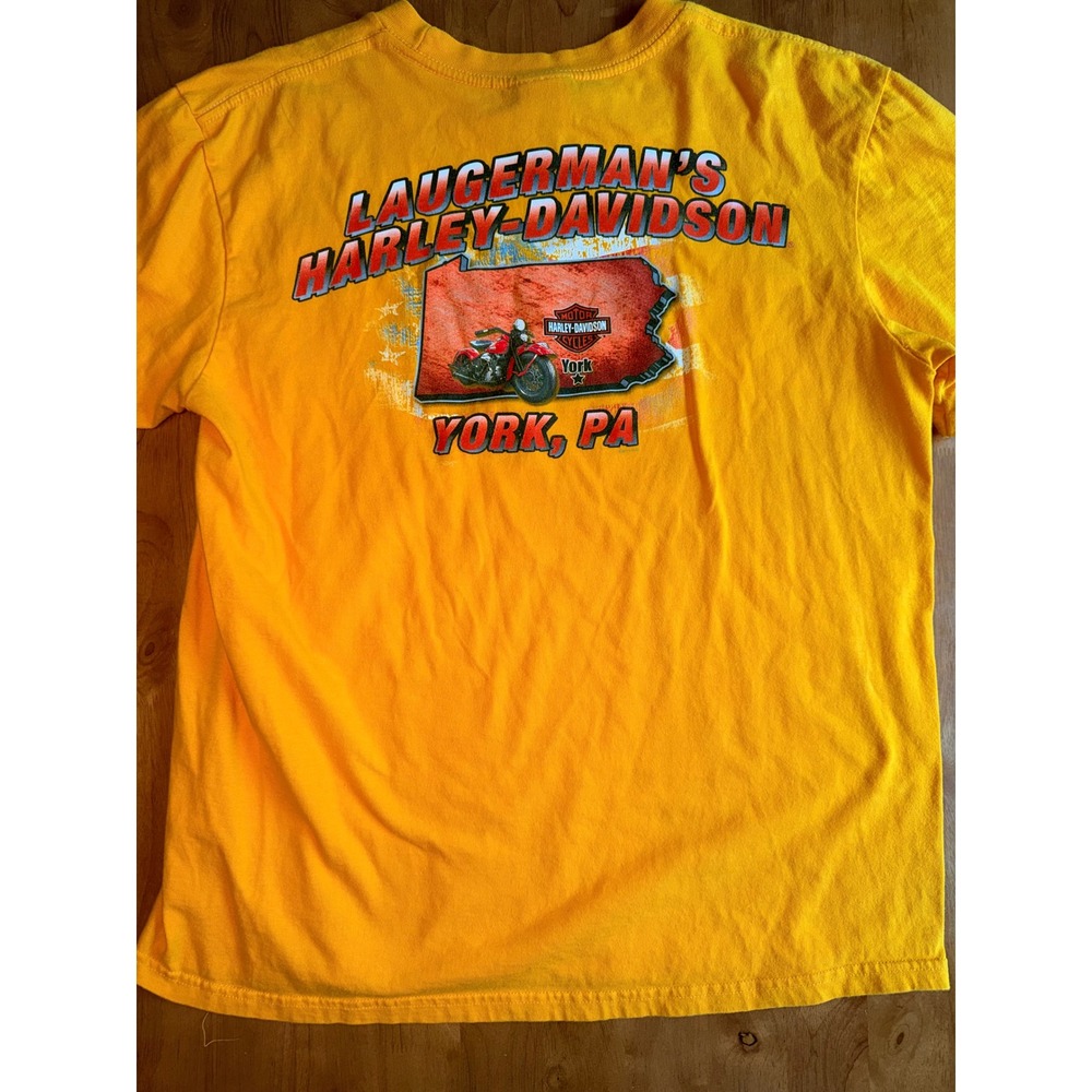 Harley-Davidson Laugermans York PA Yellow Pocket T-Shirt Large 2011 Vintage 341 - Picture 6 of 7